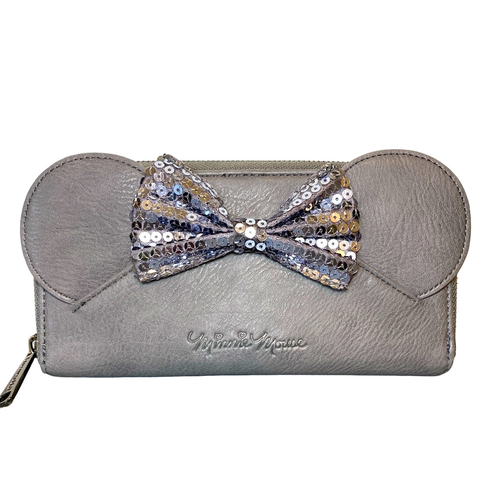 LOUNGEFLY DISNEY Gray Minnie Mouse Wallet with Sequin Bow